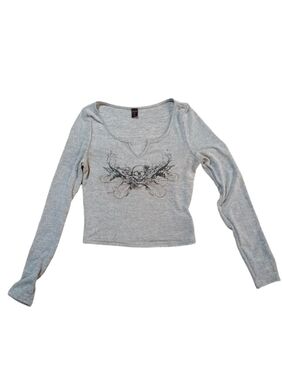 ROMWE Gray Scoop Neck Long-Sleeve Graphic Tee